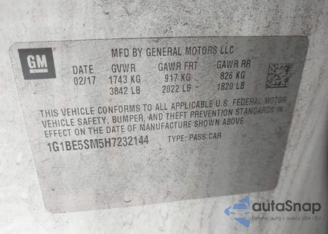 2017 Chevrolet Cruze Lt Auto из США, поврежденный, VIN 1G1BE5SM5H7232144